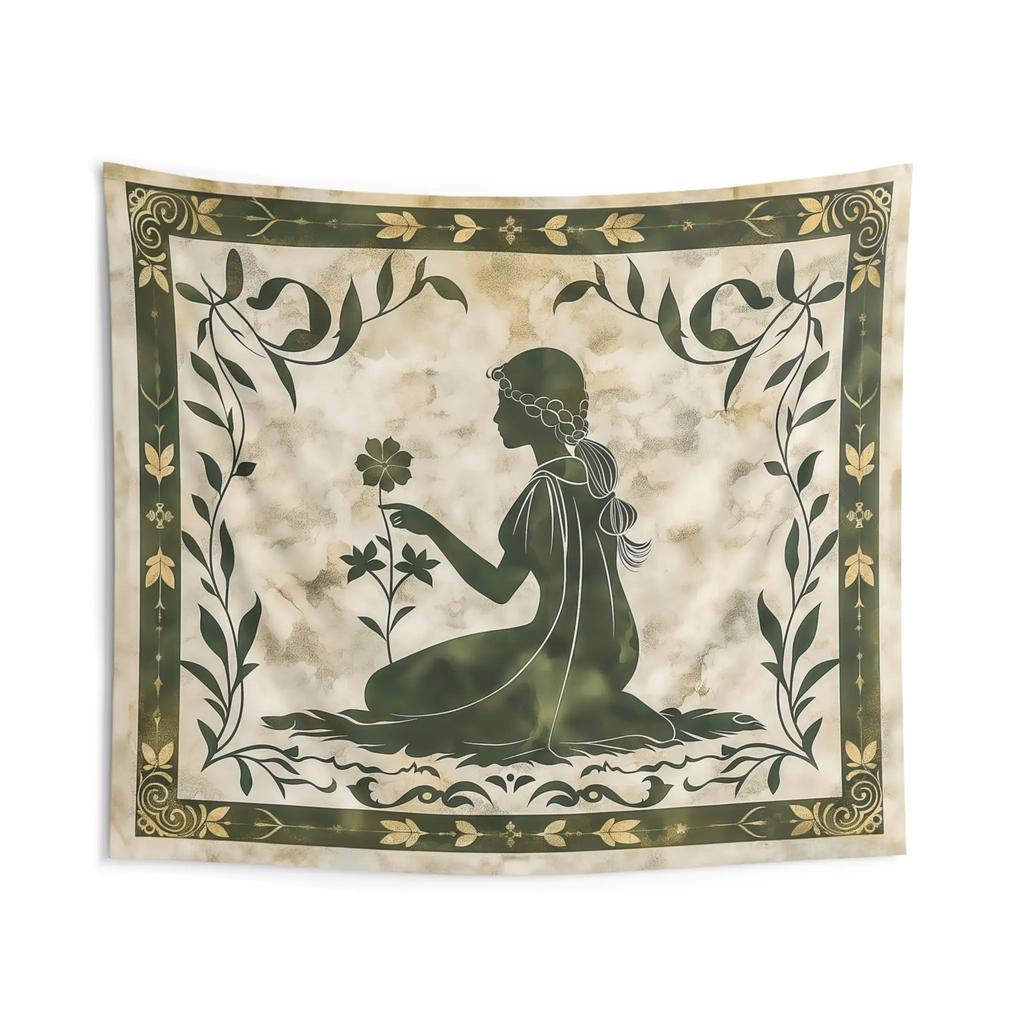 Vintage Girl Silhouette Floral Tapestry 2D Flat Printed Peach Skin Wall Hanging Aesthetic Room Decor for Bedroom Living Room