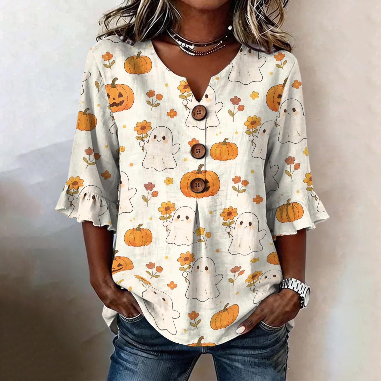 Women s Casual Button Front V-Neck Halloween Print Loose Fit Ruffled Sleeve Blouse L