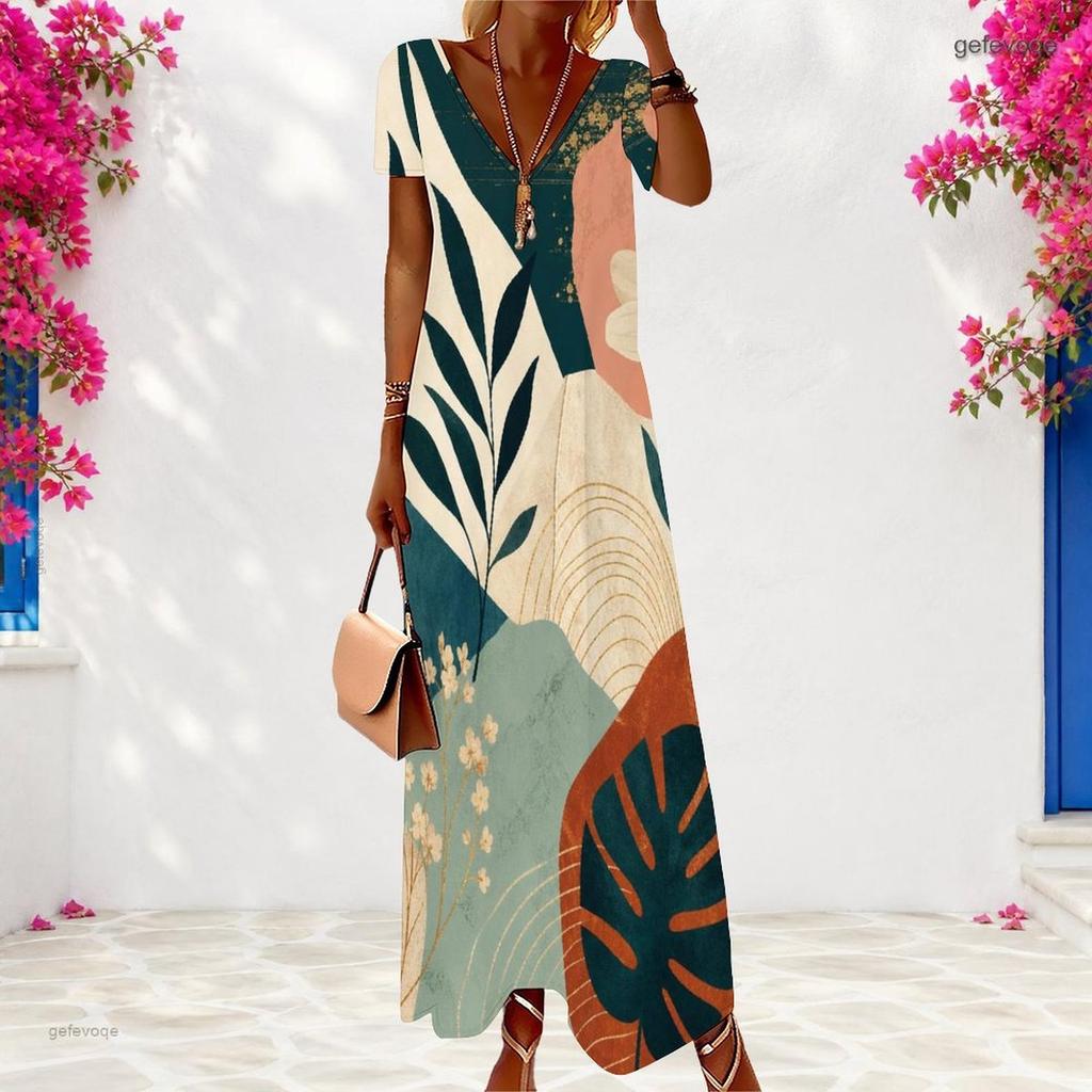 Women Plus Size V Neck Short Sleeve Printed White Maxi Dress