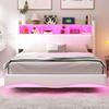 Zwevend design gestoffeerd bed 140*200 gemaakt van linnen stof, multifunctioneel opbergbed met LED-licht, USB en TYPE-C interface beige