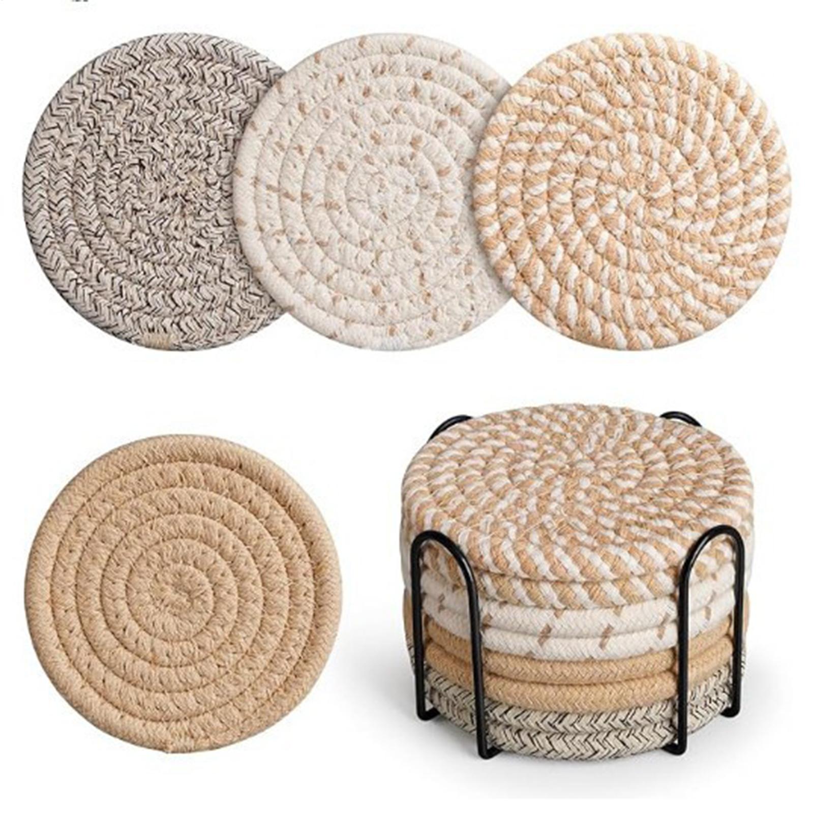 

8 Pieces Absorbent Cup Mat With Holder 4.3 Inch Heat-Resistant Cotton Rope Desk Coaster For Table Home Coffee Drinks CHINA