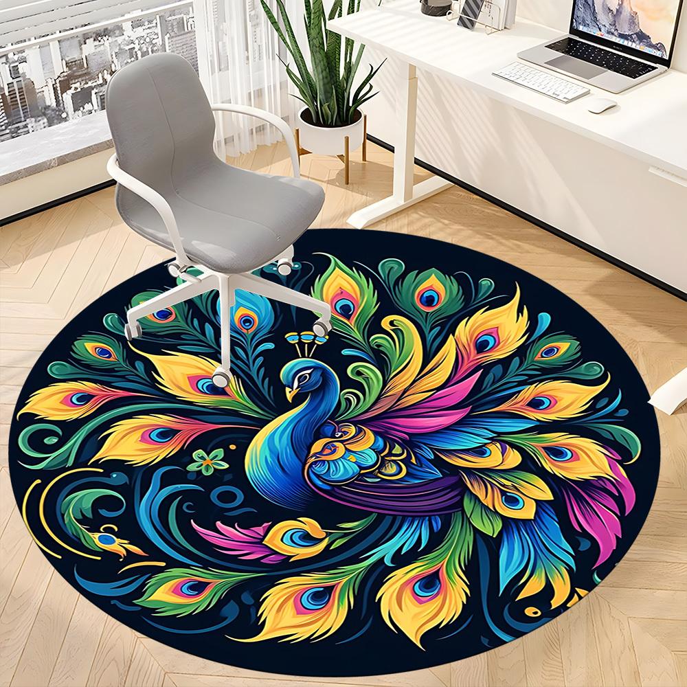 1PC Peacock Feather Design Office Round Rug, Non slip, Soft and Durable Office Rug for Interior Decoration, Perfect for Office