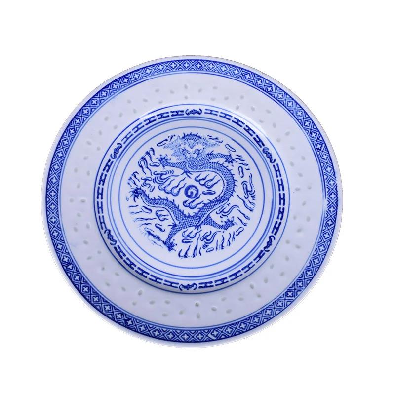 Prato raso chinês de porcelana azul e branca, pratos de jantar, cerâmica, prato de dragão antigo, utensílios de mesa, bandeja para comida