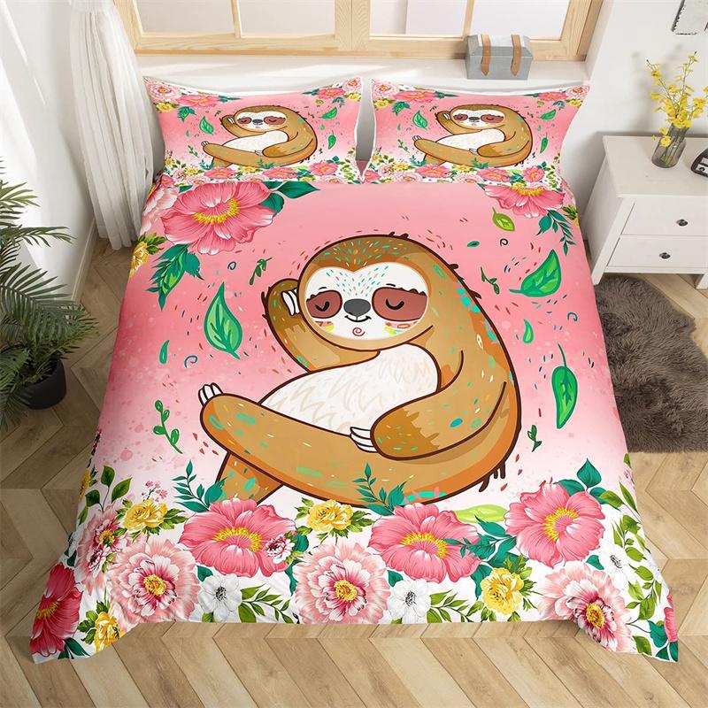 Cartoon-Tier-Bettbezug-Set Zoo Sikahirsch Mikrofaser Rosa Blumig Bettwäsche Einzelbett Twin Für Mädchen Jungen