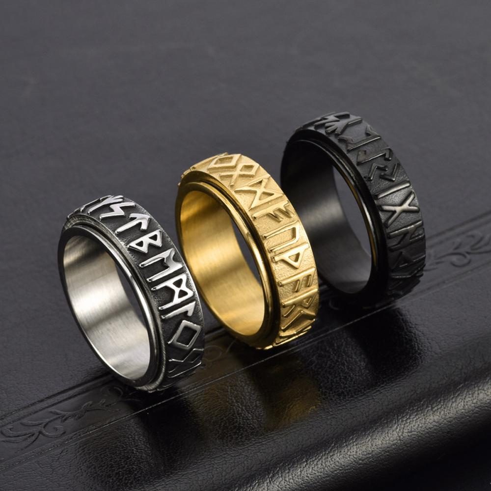 Men's Viking Rune Stainless Steel Rotating Ring Adjustable Norse Spinner Jewelry Black Retro  Band Gift for Him
