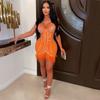 CQK2601 European-American Sexy Feather Dress with Rhinestones