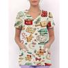 Womens V-Neck Short Sleeve Nursing Scrub Top With 3D Cartoon Print Comfortable Workwear Casual Medical Uniform
