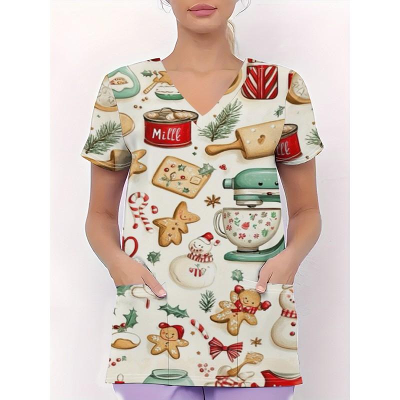 Womens V-Neck Short Sleeve Nursing Scrub Top With 3D Cartoon Print Comfortable Workwear Casual Medical Uniform