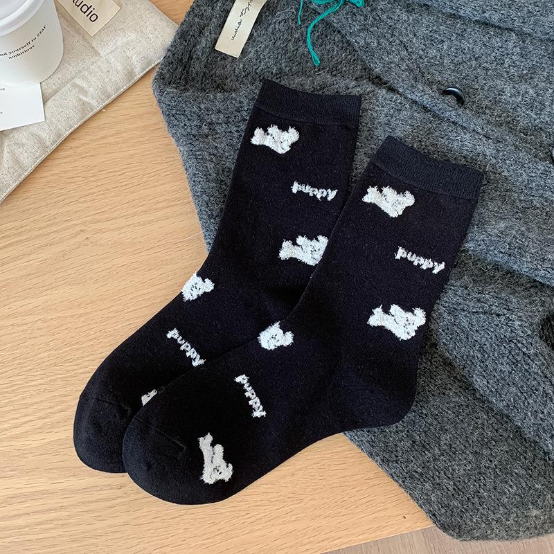 

Женские весенне-осенние полосатые флокированные мультяшные милые носки-гольфы из хлопка 1 pair чёрный