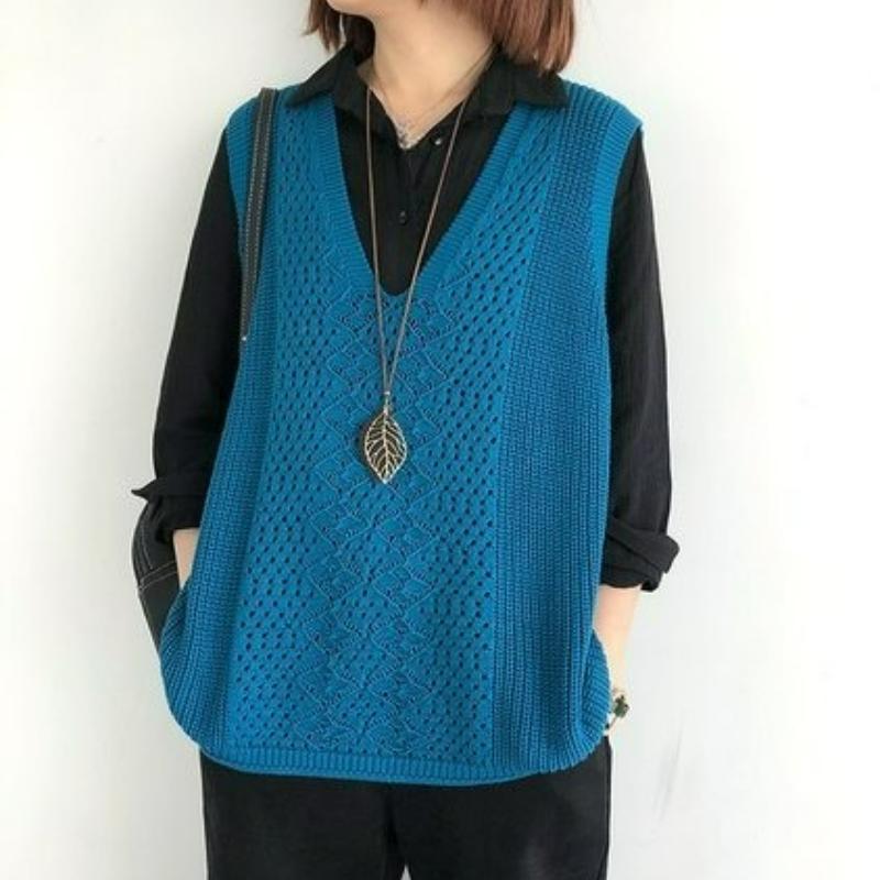 Knitted Vest Women's Vest Thin Loose Large Size Hollow Sleeveless Outer V-neck Waistcoat Retro Pullover Vest Women
