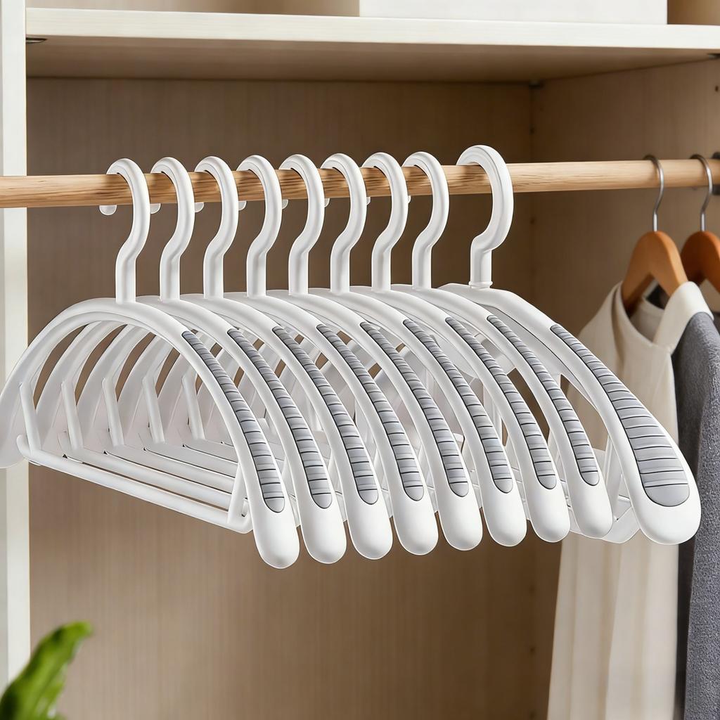 10Pcs Non-Slip Hangers, Heavy Duty, Durable, No Shoulder Bump Wide Plastic Hanger with Rubber and Horizontal Bar for Closet