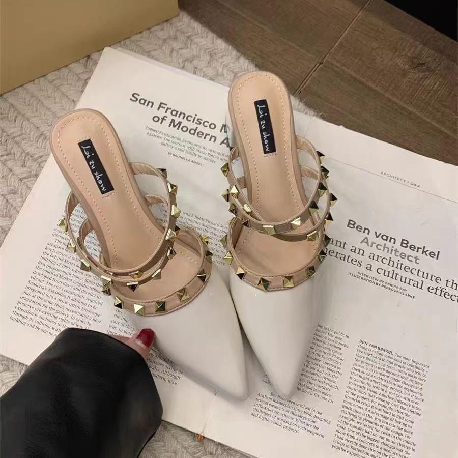 2025 New Summer French Rivets High-end High-heeled Bag Head Half Slippers Women's Pointed Thick Heel with Skirt Sandals