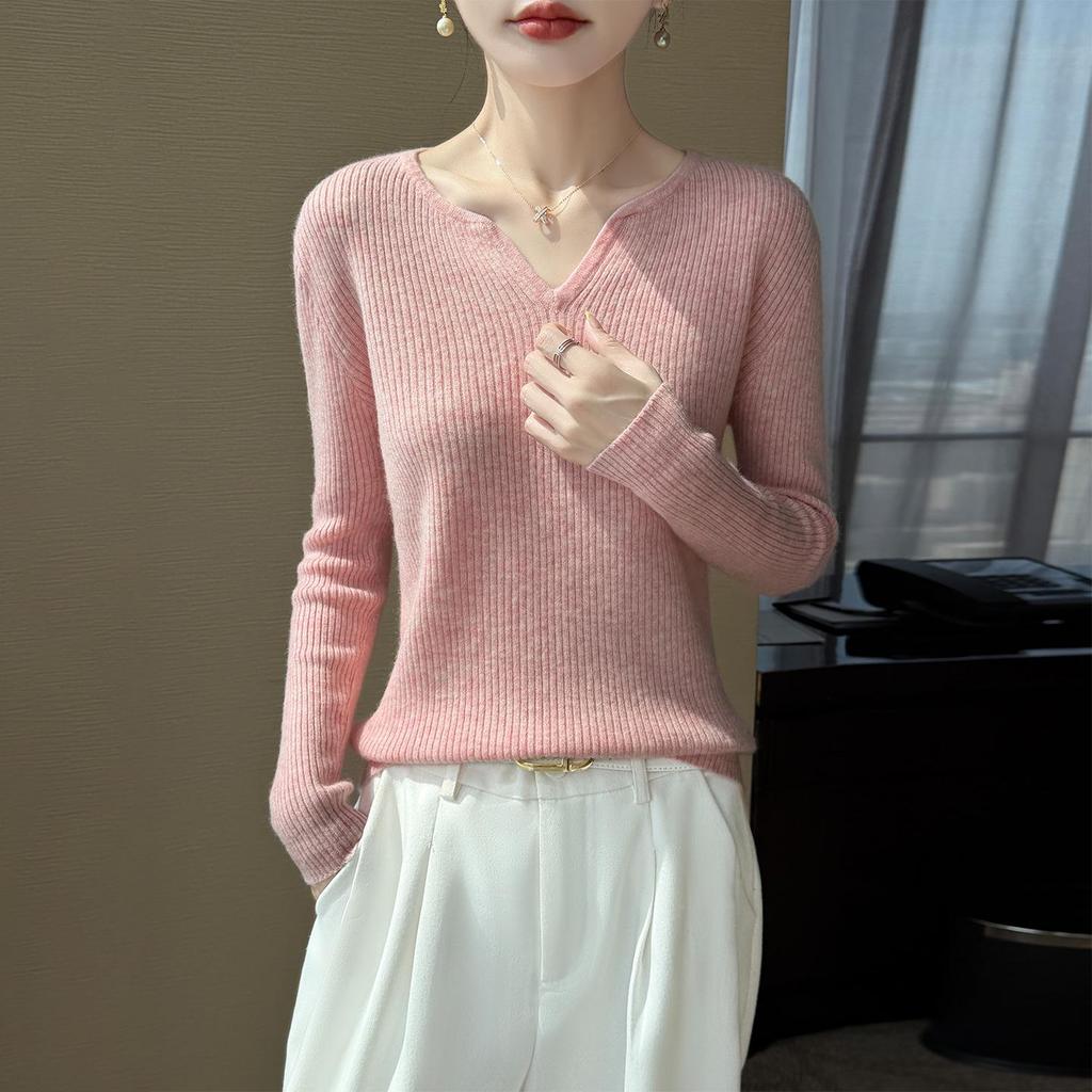 Women's V-Neck Solid Color Knitted Wool Sweater - Loose and Slimming Autumn/Winter Base Layer