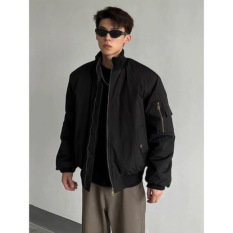 Cleanfit Herren Schwarze Gepolsterte Baumwoll-Bomberjacke, Kurzer Stehkragen, Hochwertiger Wintermantel