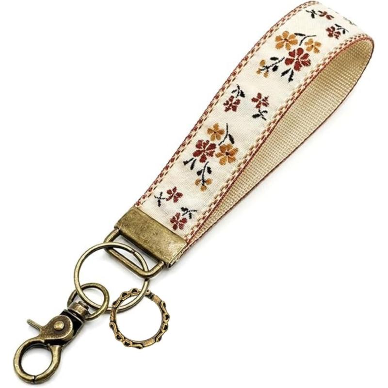 Double Sided Embroidered Fabric Keychain Wrist Strap with Webbing Label Decorative Fabric Keyring Suitable for Travelers