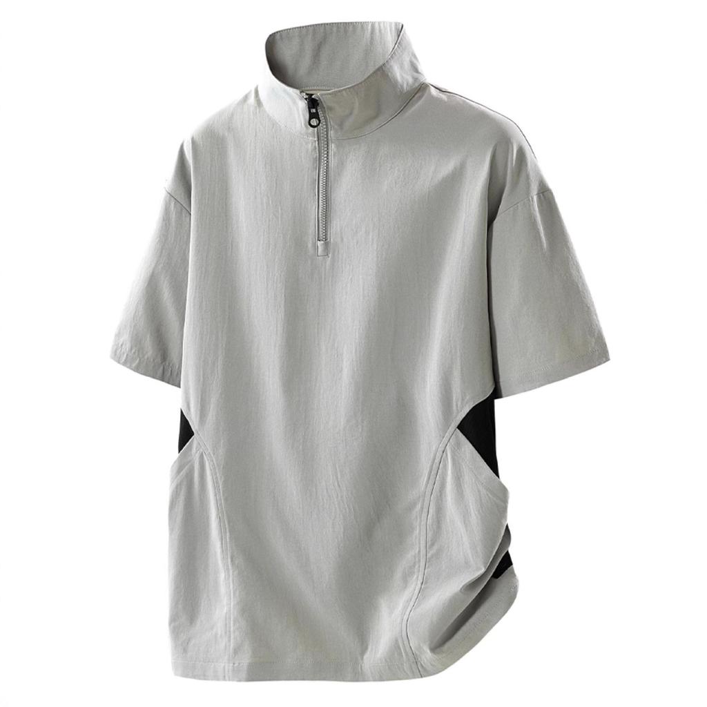 Summer Stand-up Collar Men's T-shirt American Loose Thin Short-sleeved Half-zipper Breathable Top