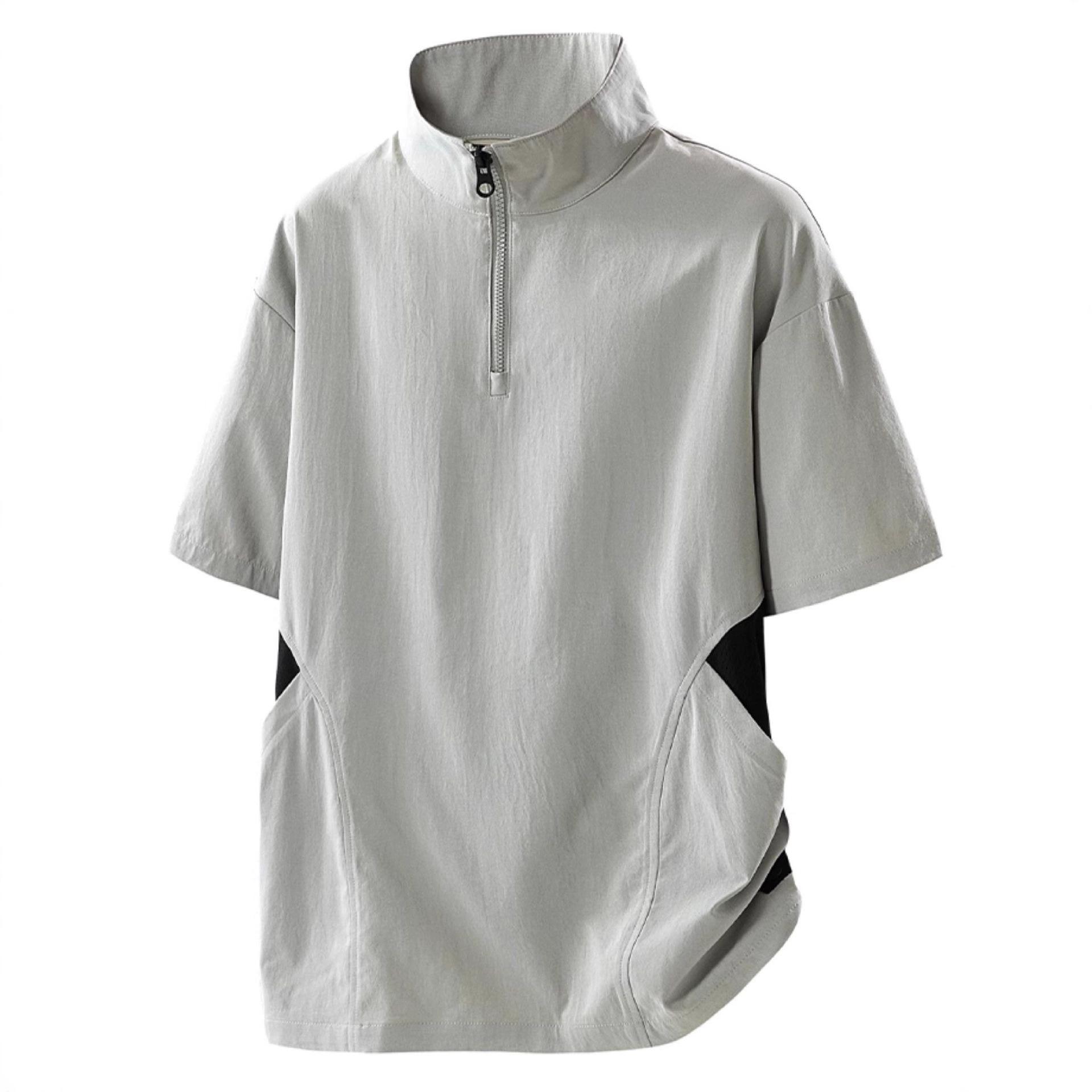 Summer Stand-up Collar Men s T-shirt American Loose Thin Short-sleeved Half-zipper Breathable Top M