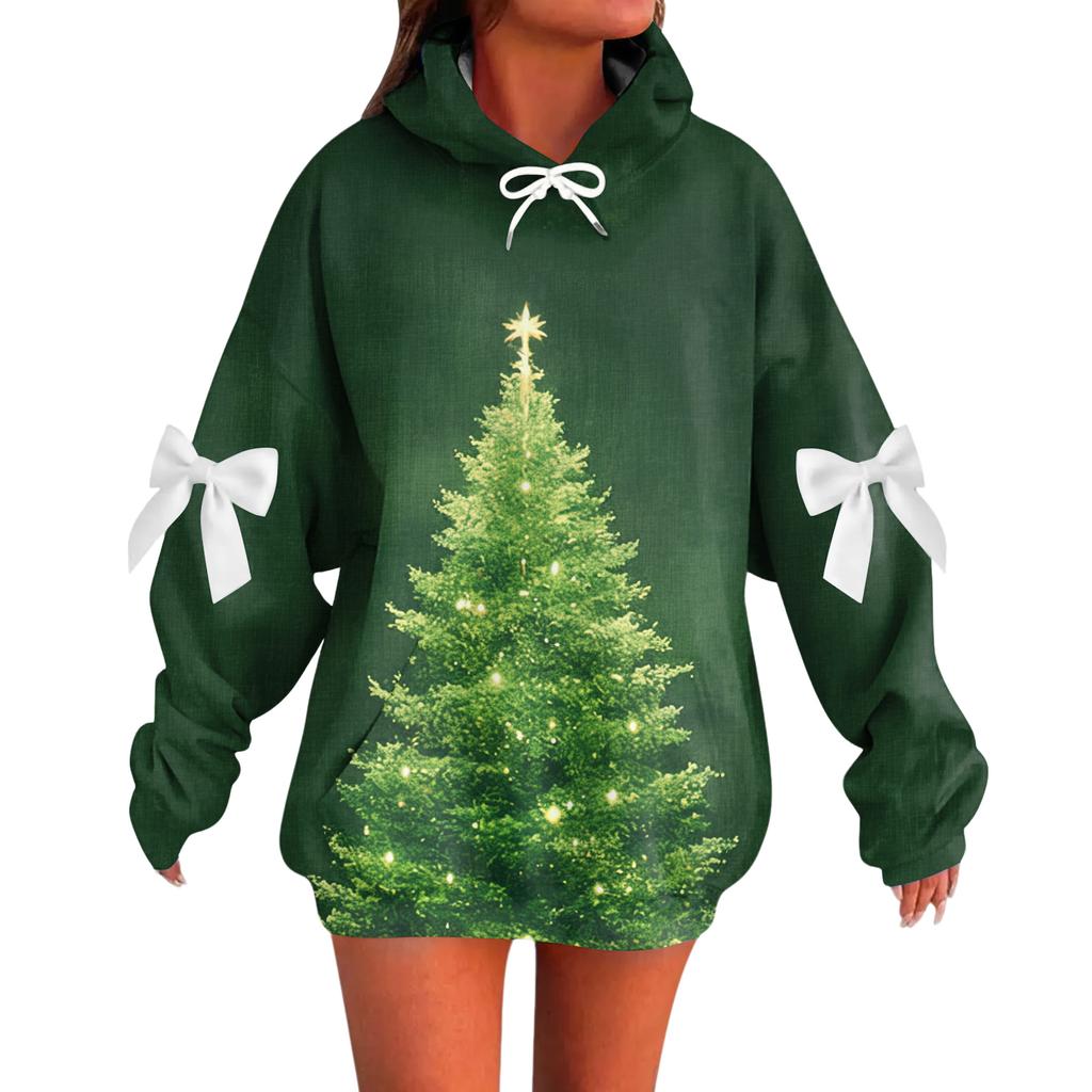 Ladies' Christmas Printed Bow Long Sleeved Loose Fitting Headband With Rope Hooded Sweatshirt Top
