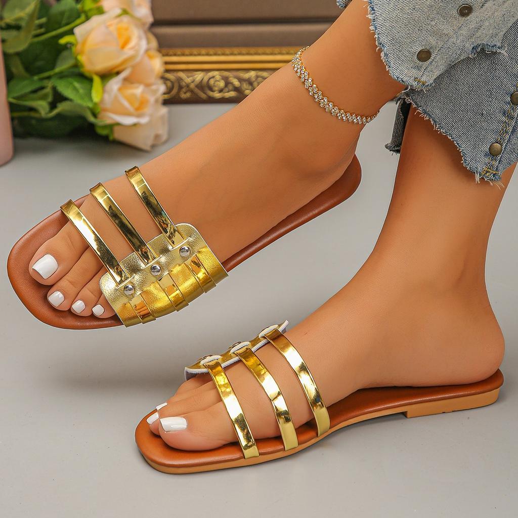 Large Size Flat Bottomed One Foot Sandals for Women's Summer New Retro Rivet Beach Straight Slippers for Women