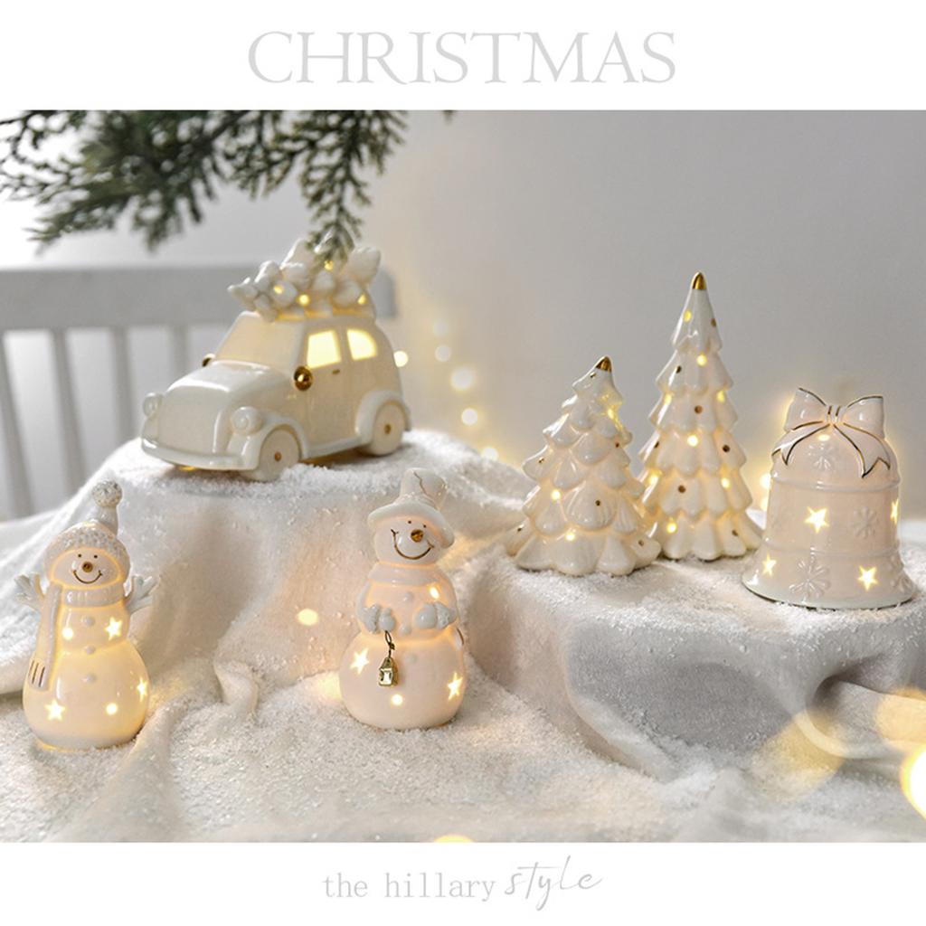 Ceramic Snowman Car Christmas Tree Figurine LED Lighted Cutout Ornament for Table Shelf Decors Compacts Holiday Gift