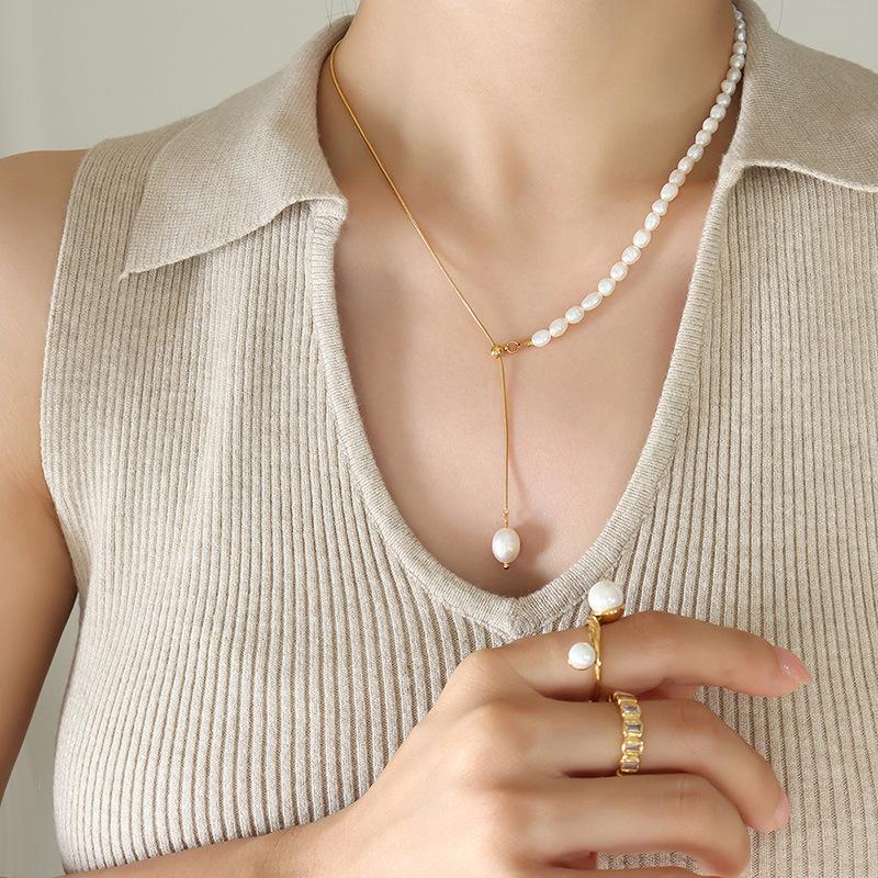 Retro Design Necklace: Titanium Steel with French Freshwater Pearl & Adjustable Tassel Pendant, Non-fading.