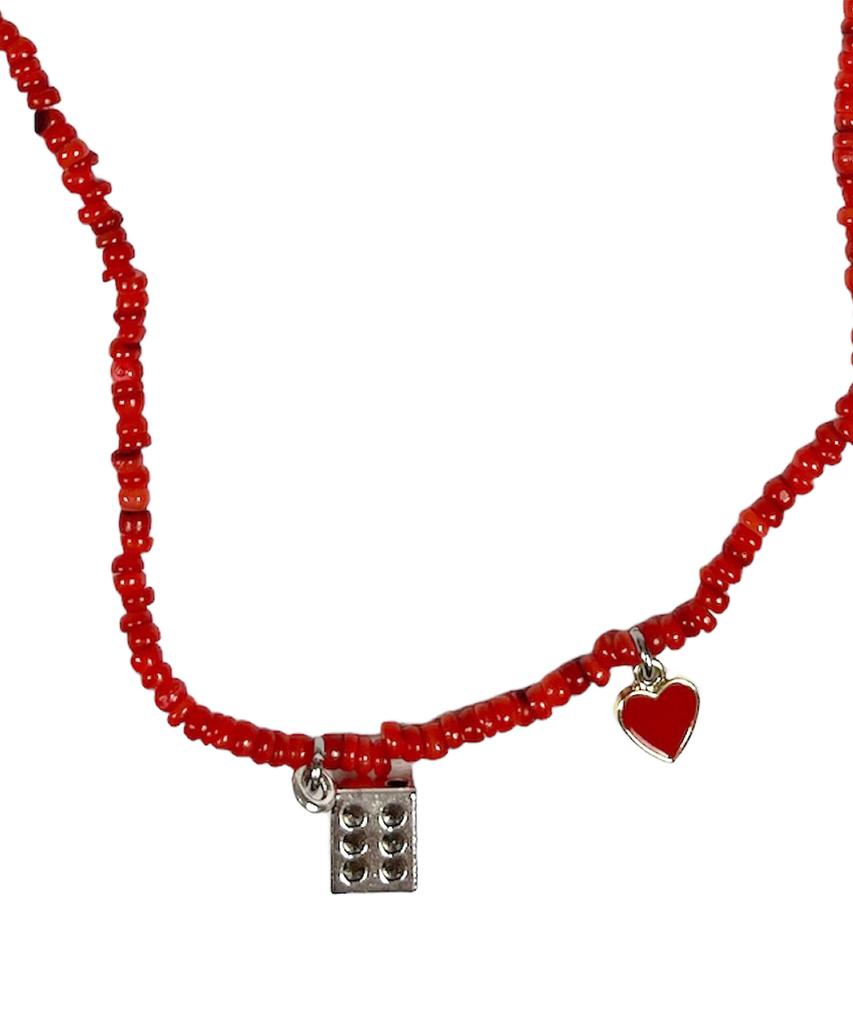 Sk8Er Rock Dice Heart Pearl Rondelle Necklace ((Red))