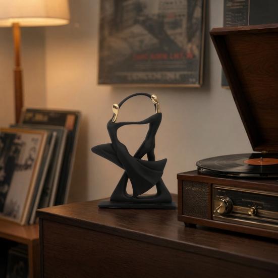Decorazione Musicale Nera Opaca Scultura di Musicista in Resina, Base Stabile Chitarra Astratta Sassofono Cantante Statuetta Artistica Statua, Decorazione a Tema Band,