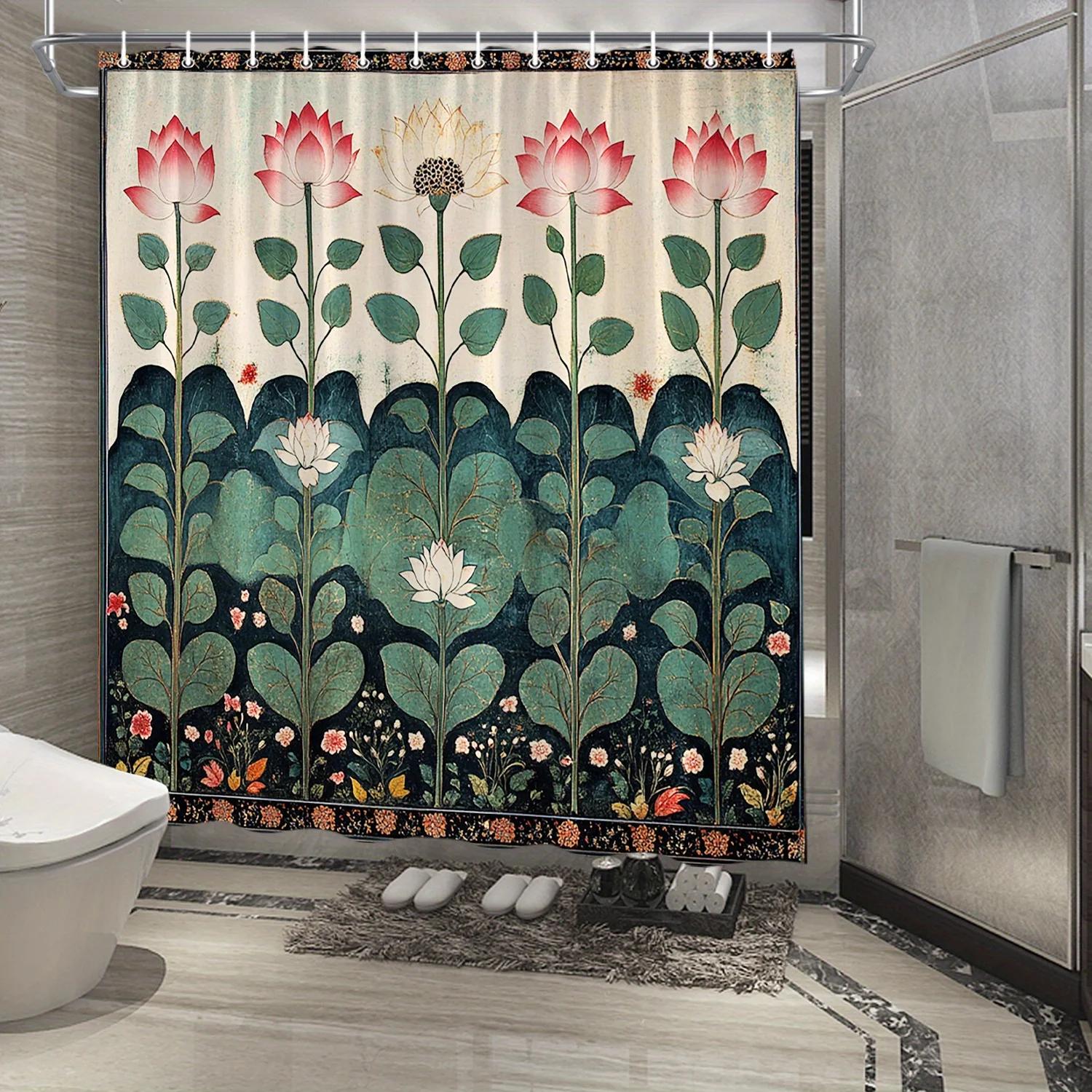Textile Article Pink/Green 1Pc Vintage Botanical Lotus Shower Curtain - Flowers & Foliage, Japanese Art, Polyester, 12 Hooks, 70.8X70.8