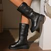 fashion Women's Pu Leather Thick Heel Mid Calf Boots Classic Solid Double Metal Buckle Platform Boots Autumn Round Toe Mujer Boots