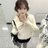 New gentle sweet girl style apricot polka dot splicing knitted cotton-padded jacket with stand-up collar versatile warm schoolgirl cotton-padded jacke