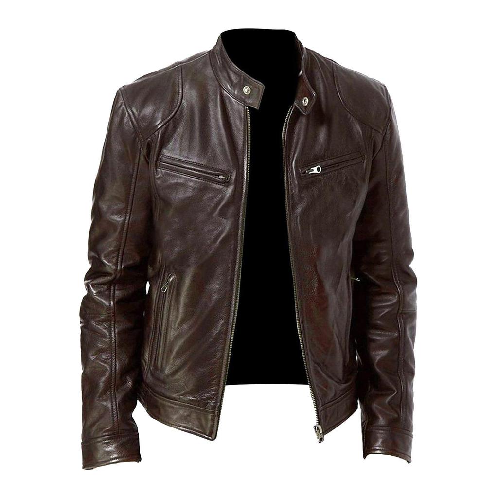 Autumn and Winter Men's Casual Solid Color Long-sleeved Slim Leather Jacket