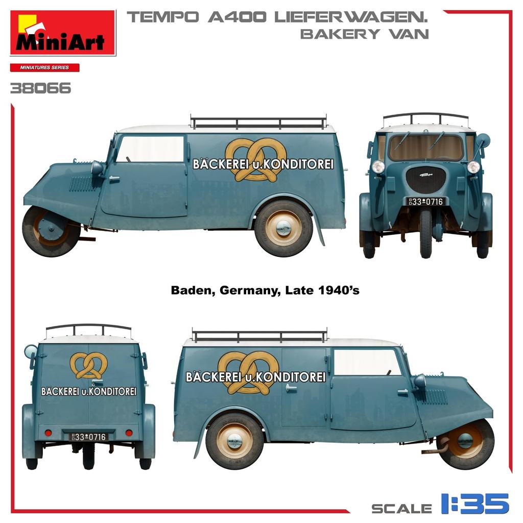 Miniart Scale Tempo A400 Reeferwagen Bakery Van Plastic Model Kit MA38066 1/35