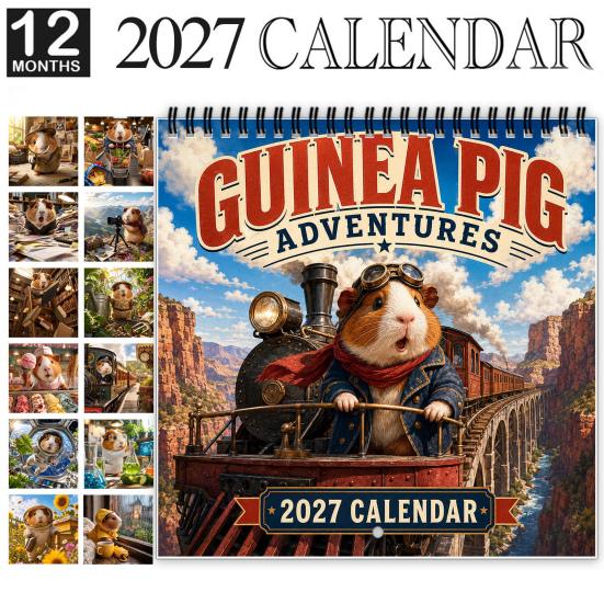 Gift for Guinea Pig Lovers 2027 Adventures Wall Calendar, Cute 12 Monthly Planner with Large Grid Calendar Writing Imaginative Scenes, Spiral