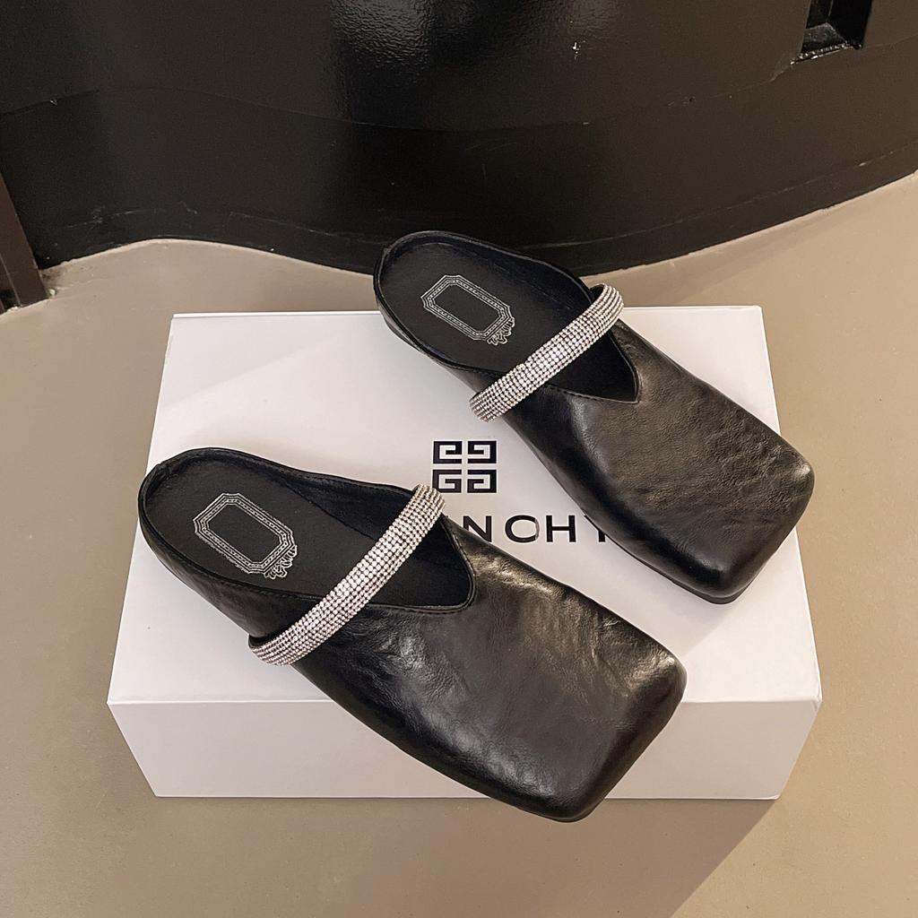 French Gentle Rhinestone Sparkling Slippers Female 2025 Summer New Square Head Slope Heel Evening Fairy Wind Cool Slippers