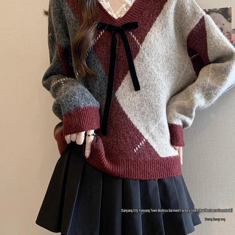 Women's Wine Red Argyle Knitted Sweater with Lace Bow - 2025 Autumn/Winter Retro Collection
