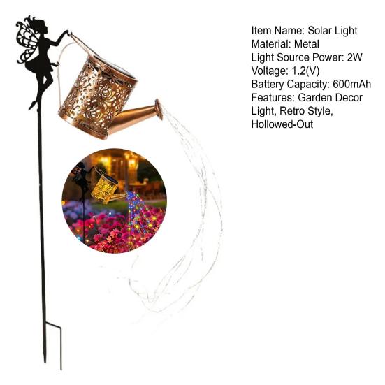 Solar Watering Can Light Metal Watering Can String Light Retro Hollowed-Out LED Solar Lantern for Outdoor Garden Patio Yard Pathway Decoration