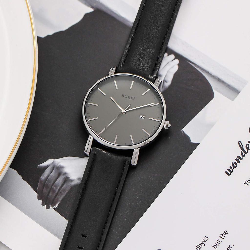 Leather Strap Brand Popular Date Silver Slim Design [BUREI] Men's Watch, Name, Simple, Waterproof, Analog, Business, Men's Wristwatch, Display,