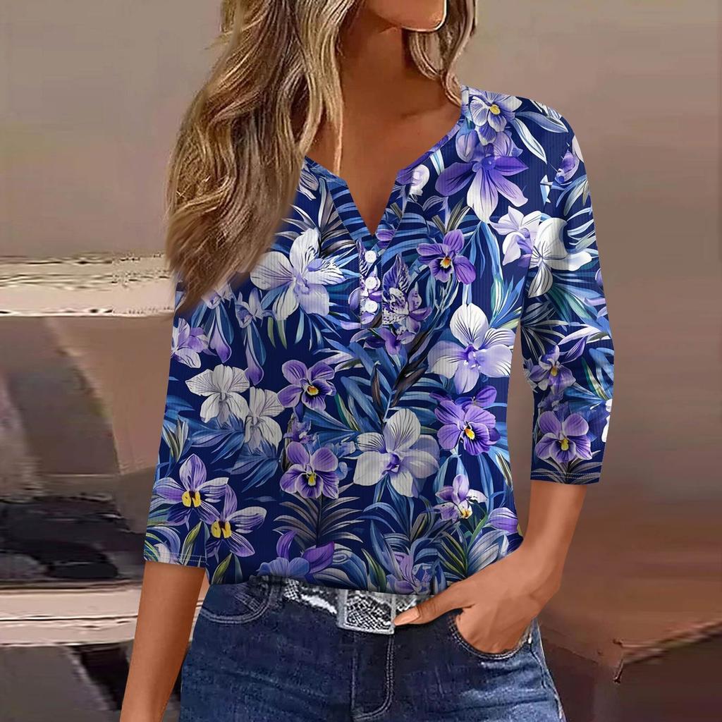 Dámské tričko tričko potisk knoflík 3/4 rukáv tunika denní víkendová móda základní výstřih do V běžný top