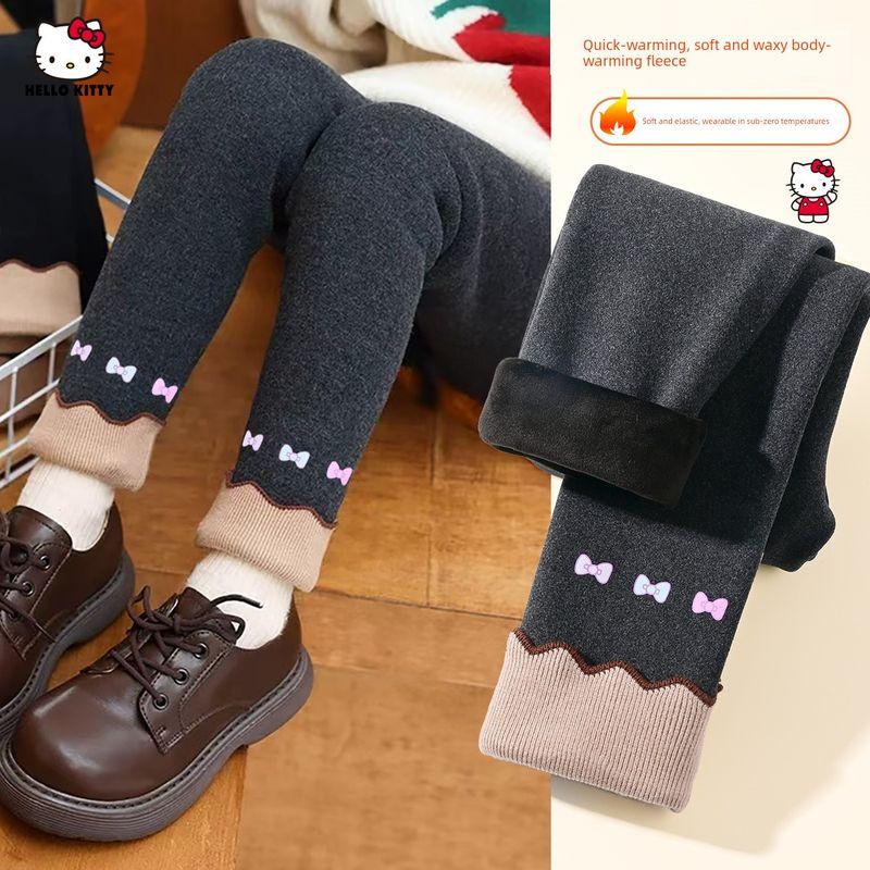 Hello Kitty Girls' Leggings 2024 New Style Fleece-Lined Thick Tights Gray Integrated Fleece Children's Pants