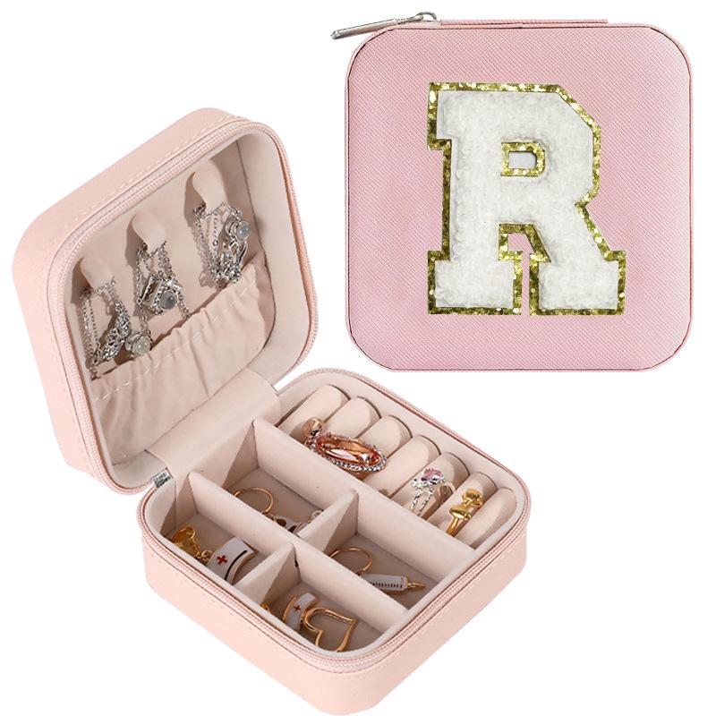 Large Capacity Jewelry Box for Stud Earrings and Rings - Portable Leather Storage with Letter Design