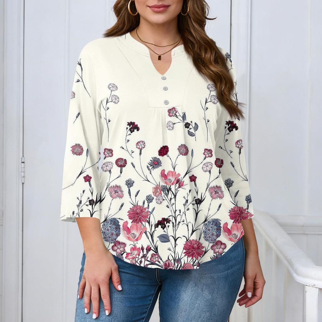 Women's Plus Size Fashionable Casual Loose Fit Three Quarter Sleeve Elegant Button Up V Neck Top
