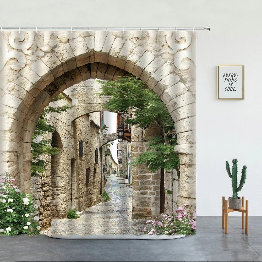 European Rural Town Street Landscape Printing Shower Curtain For Bathroom Curtains Waterproof Polyester Home Decor With Hooks