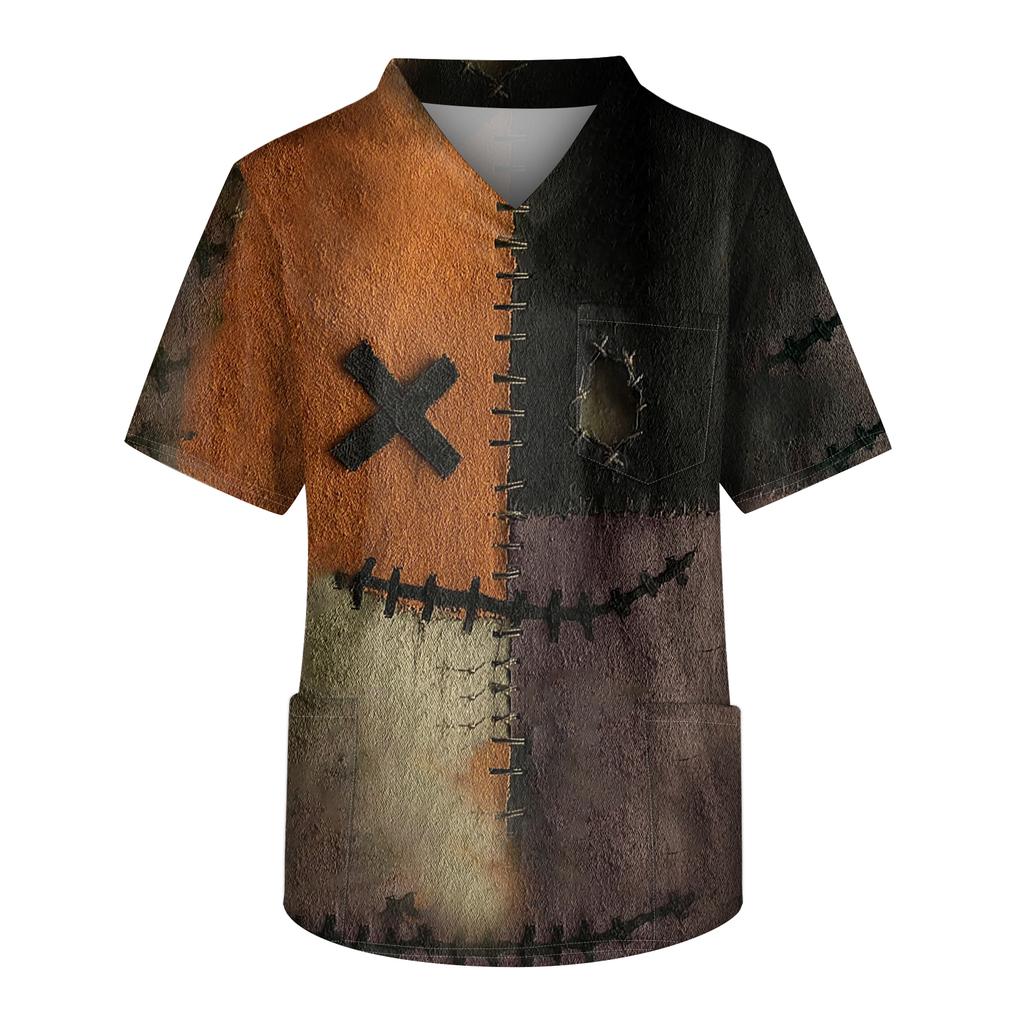 Men's Printing Short Sleeve V-neck Working Blouse Chest Pocket Carer Top