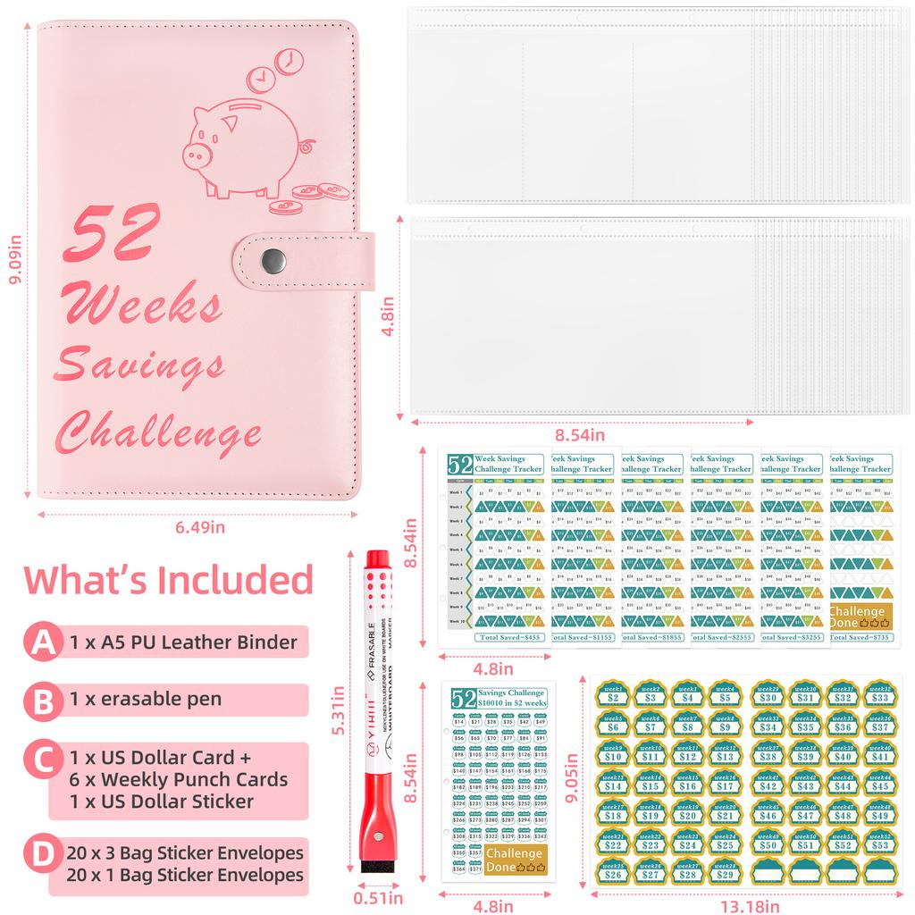 Cross-border 52-Week Savings Challenge Gift Notebook-Save Money Cash Savings Book with Loose-leaf Binding