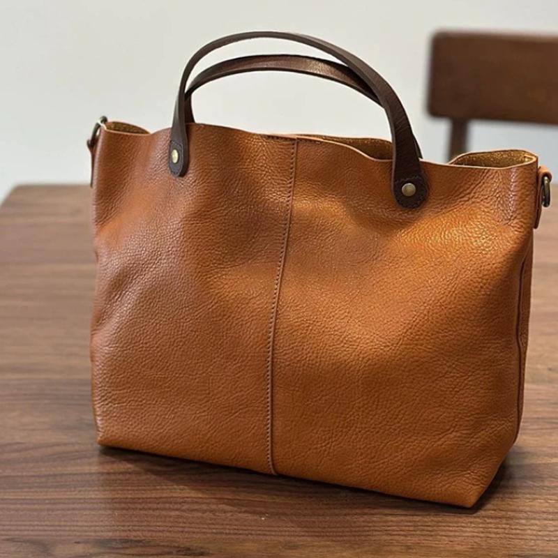 Luxury Leather Tote Bag With Contrast Handle Soft Large Capacity Shoulder Bag Vintage Minimalist Style Women Work Commut Handbag