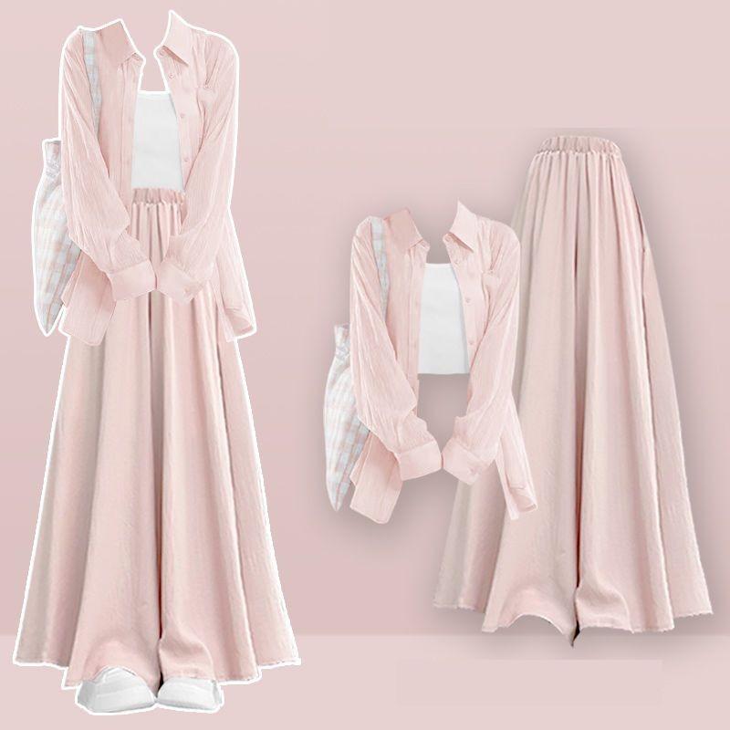 Women Spring Summer Sunscreen Shirt+Strap+Casual Skirt Pants 3-Piece Suit Elegant Loose Tracksuit Matching Set