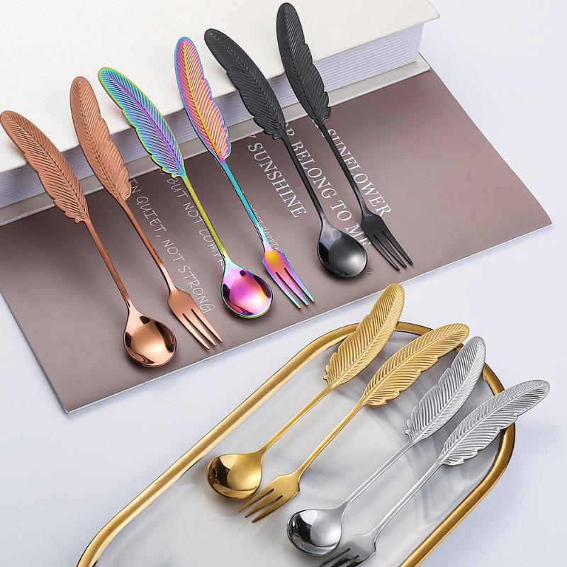 HANYANG Feather Spoon Golden 304 Stainless Steel Fruit Fork Literary Small Spoon Spoon Spoon Creative Tableware Colorful Feather Spoon