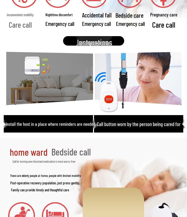 Senior Wireless Emergency Call Button for Long-Distance Assistance: One-Touch Bedside Alarm Bell