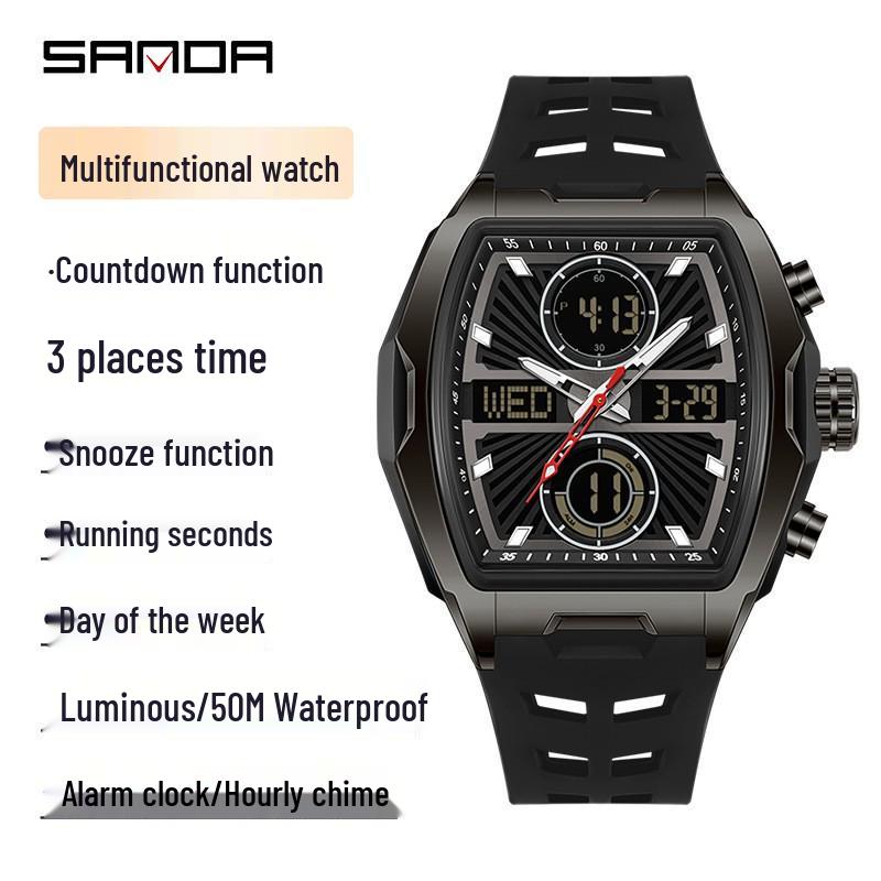 Sanda Dual-Movement Barrel Watch: Luminous Alarm, Large Dial, Multifunctional Student Watch.