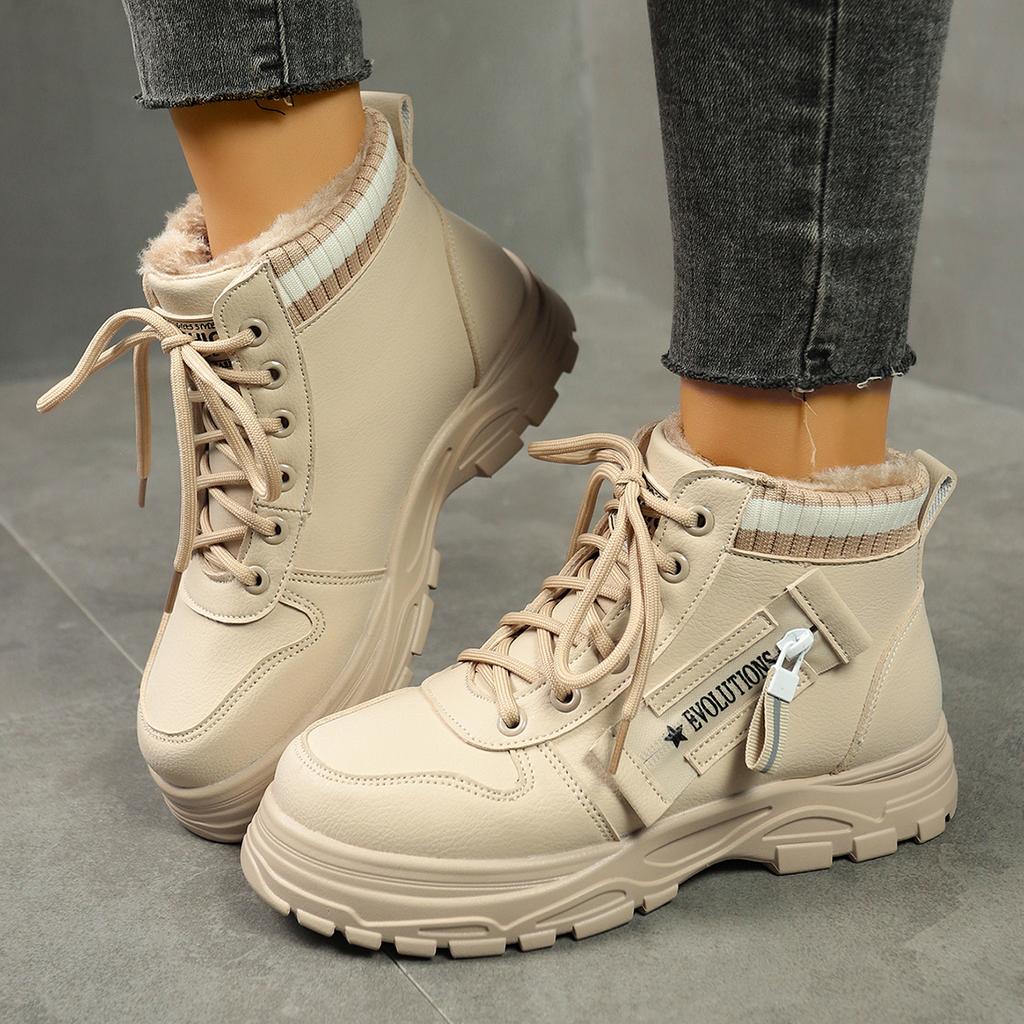 Women Sneakers 2025 New Cotton Soft Sole Boots Fashion Round Toe Lace-Up Sneakers Non-Slip Wear-Resistant Plush Shoes for Women